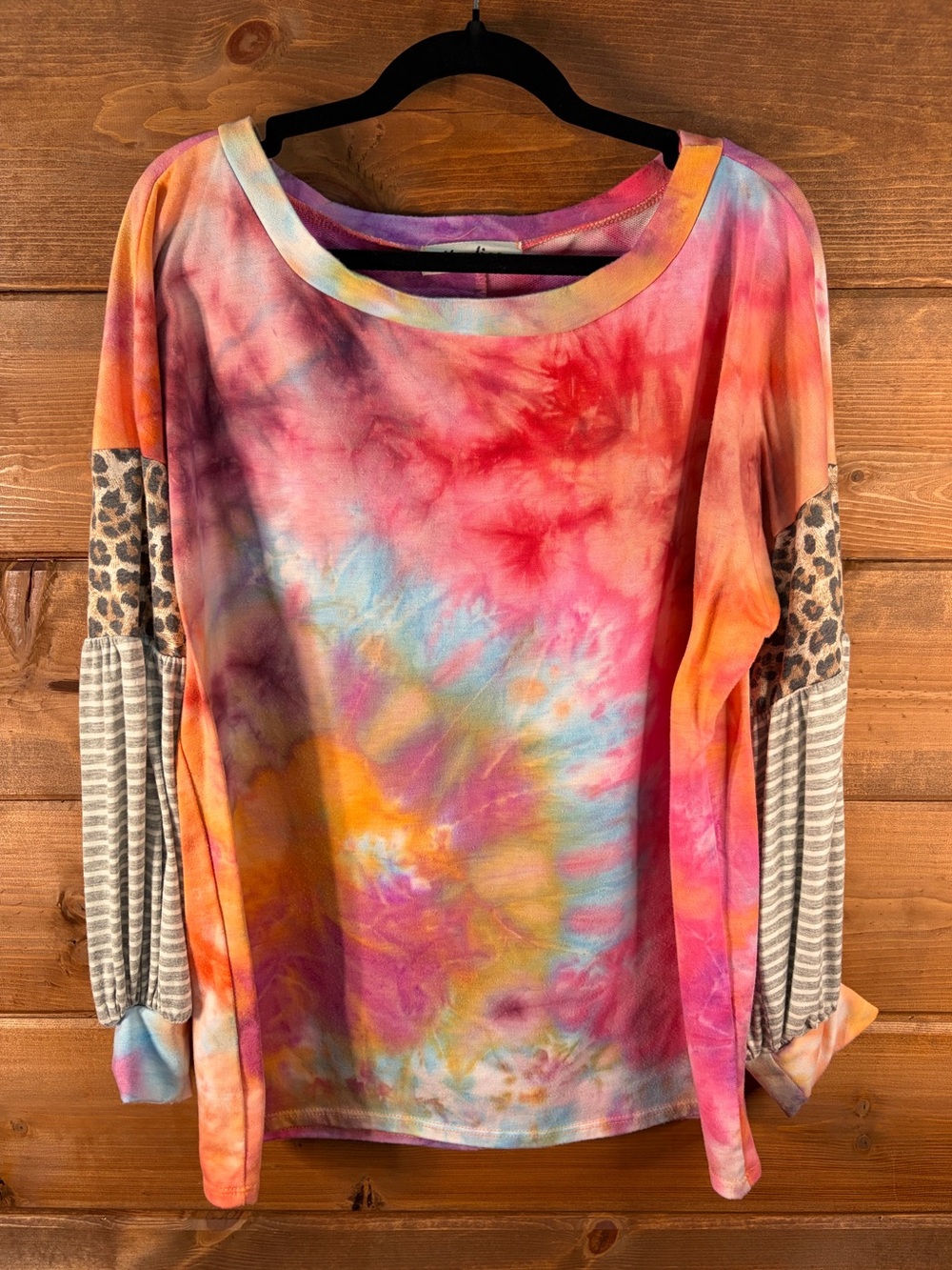 Haptics Multicolor Tie-Dye Long Sleeve Top Leopard & Stripe Sleeve Panels Medium